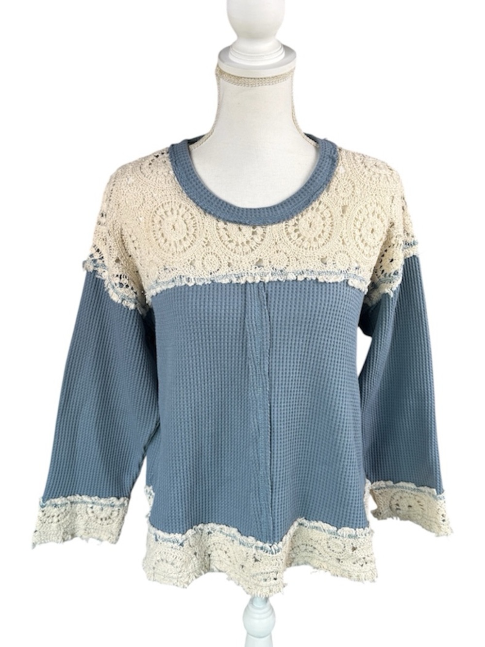 POL Blue & Cream Long Sleeve Thermal & Crochet Boxy Sweatshirt